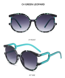Detailed front and side views of green leopard round sunglasses with purple gradient lenses