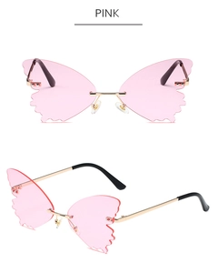 Detailed front and side views of pink butterfly rimless sunglasses with gold metal frames