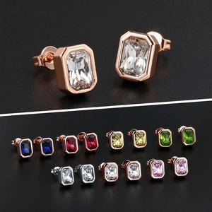 Rectangular Emerald Cut Zircon Stud Earrings For Women Simple Small Geometric Copper Jewelry Elegant Commuter Gift