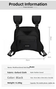 Taktische Brusttasche Detailansicht mit multifunktionalem Streetwear Stil und Abmessungen.