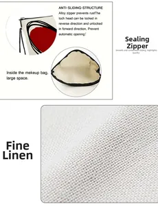Detailed views of linen makeup bag showing durable alloy zipper and spacious interior