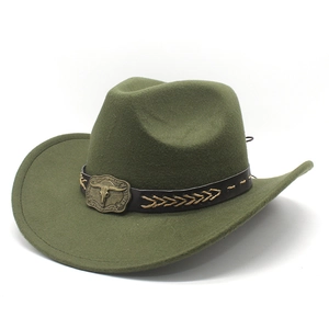 Detail of dark green felt cowboy hat with leather band and vintage metal buffalo head buckle