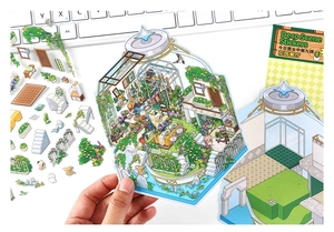 Detail of hand-held garden restaurant scene stickers for DIY scrapbooking decor