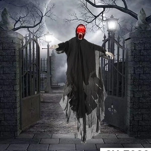 Hanging Halloween ghost decoration with glowing red eyes and tattered black robes for party decor