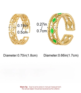 Detailed specs of gold adjustable stainless steel rings with geometric hollow designs