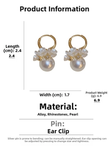 Detail view of pearl flower hoop earrings with dimensions 2.4x1.7cm and material specs