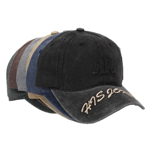 Washed cotton baseball caps with RR embroidery in multiple colors on a white background
