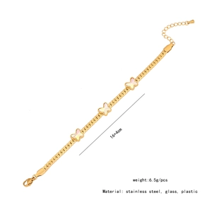 Detail of golden stainless steel bracelet with iridescent glass butterfly charms and dimensions