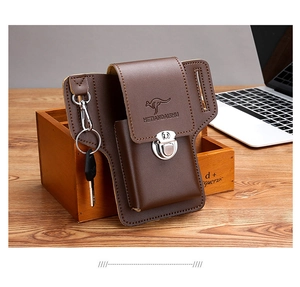 Deep brown vintage leather belt pouch with metal buckle and key hook detail