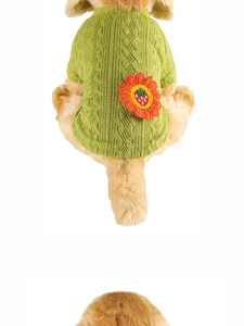 Detail of green knitted dog sweater featuring an orange floral strawberry patch