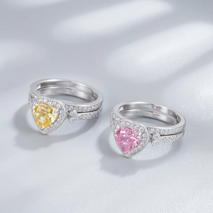 925 silver stackable ring set with heart-cut yellow and pink ice crushed carbon diamonds