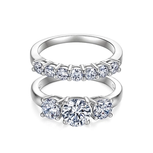Gold Plated Copper Moissanite Zirconia Ring Set For Women 1 Carat Three Stone Ring Row Drill Anniversary Wedding Jewelry