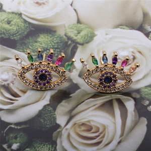Fashionable evil eye stud earrings with multi-color zircon stones in a gold finish