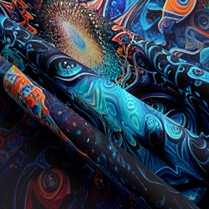 Close-up of the detailed psychedelic mushroom pattern on high-quality fabric tapestry