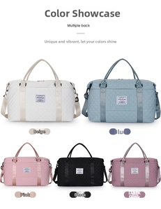 Quilted waterproof travel bag shown in beige, blue, pink, and black color options