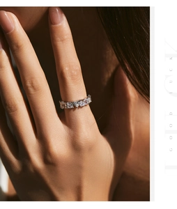 Detail of s925 silver eternity ring with heart and baguette cut crystals on fingers