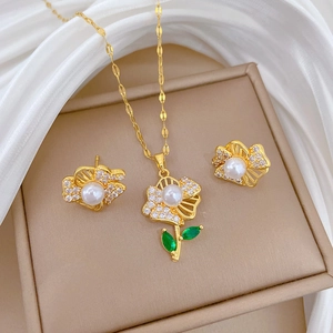 Elegant Hollow Flower Necklace And Stud Earrings Stainless Steel Copper Micro Inlaid Zircon Artificial Pearl Green Leaf Jewelry