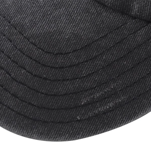 Macro view of six parallel stitching lines on washed black cotton baseball cap brim
