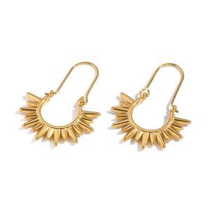 Minimalist golden sunburst stainless steel drop earrings with radial spike design on white background
