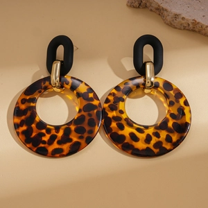 Retro geometric leopard print acrylic hoop earrings with matte black studs and gold hardware