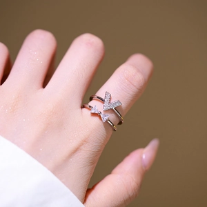 Elegant adjustable silver double-layer ring with V-shape zircon and bow tie design