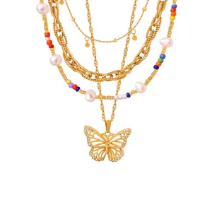 Layered Titanium Steel Jewelry Necklace Bracelet Gold Plated Butterfly Shell Artificial Pearl Colorful Bead Boho Minimalist Women