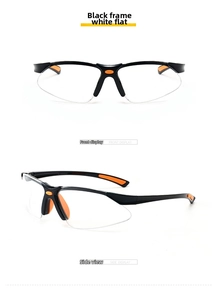 Front and side views of black cycling safety glasses with orange anti-slip strips