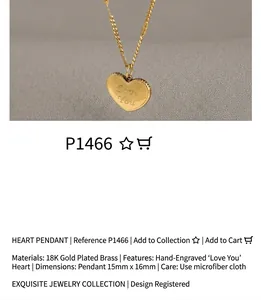 Polished gold heart pendant necklace with Love You engraving and mixed chain detail