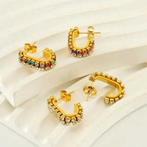 U-shaped gold stainless steel earrings with colorful and white zircon rhinestones