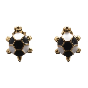 Minimalist golden turtle stud earrings with black and white enamel soccer pattern shell
