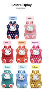 Detailed color selection showing 8 vibrant polka dot bunny backpacks for children