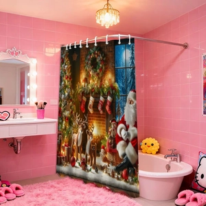 Digital 3D Christmas shower curtain with Santa and reindeer in a pink bathroom scene