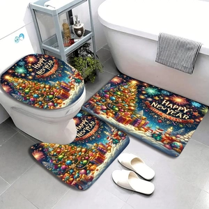 Three-piece festive Christmas bath mat set with Happy New Year text and holiday tree print