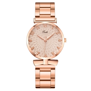 Women Quartz Watch Rose Gold Alloy Metal Strap Arabic Numerals Bowknot Decor Sunray Dial Elegant Fashion Wristwatch