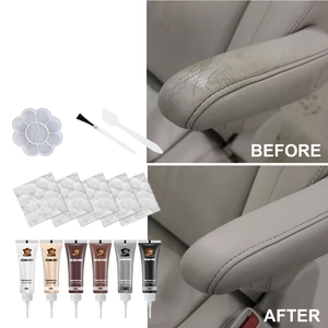 Leather repair kit with 6 color creams and tools showing before and after results