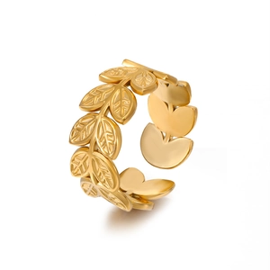 Adjustable gold plated titanium steel leaf ring with detailed leaf texture and open band