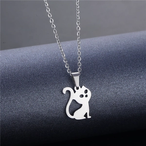 Minimalist hollow cat pendant necklace in polished stainless steel for women