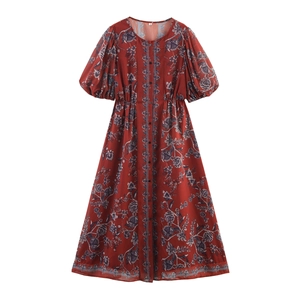 Women Floral Print Maxi Dress Polyester Short Puff Sleeve Round Neck High Waist Bohemian Vacation Elegant Long Dress