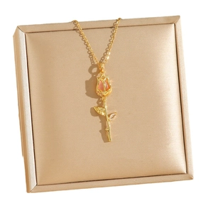 Luxurious tulip zircon necklace with pink opal and gold titanium steel chain on gift box