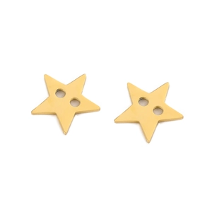 Detailed view of gold star-shaped metal buttons with a double-hole design on white background