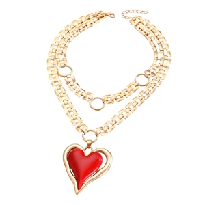 Vintage gold chunky chain necklace featuring a large red heart resin pendant for women