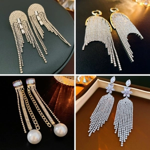 Long Tassel Dangle Earrings For Women Luxury Zircon Rhinestone Jewelry With Silver Earring Post Elegant Geometric Flower