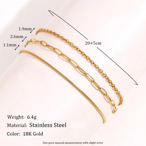 Three-piece 18K gold plated stainless steel anklet set with various chain link styles