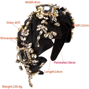 Baroque wide black velvet headband with sparkling grey rhinestones and leaf-shaped crystals