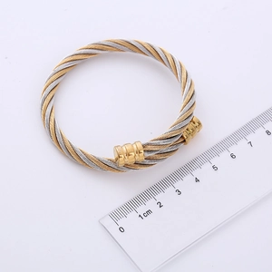 Minimalist double-layered twisted steel wire bangle in two-tone gold and silver finish