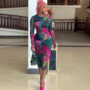 Elegant floral print bodycon maxi dress with long sleeves and round neck for women