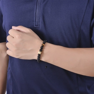 Men's natural tiger eye and black onyx beaded bracelet with golden zircon cube detail