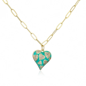 Vintage 18K gold plated necklace with a turquoise heart pendant and sparkling zircons