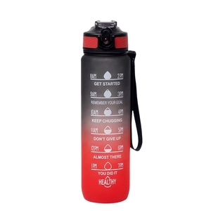 Black and red gradient 1000ml sports water bottle with time markers and carry strap