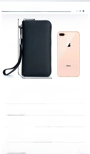 Detailed RFID leather wallet specs with dimensions and mobile phone size comparison